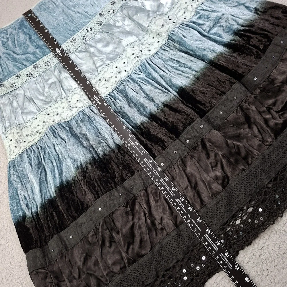 Velvet Satin Lace Tiered Maxi Skirt XL Whimsigoth Prairie Boho Hippie Floral